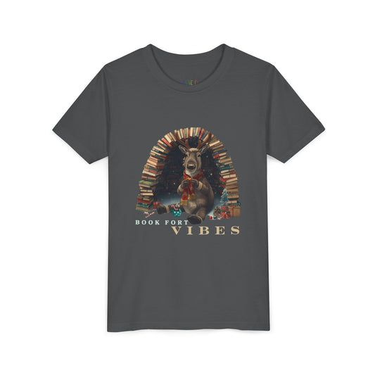 Gray t-shirt with a graphic of a reindeer in a fort made out of stacked books and the text 'Book Fort Vibes' on a white background.