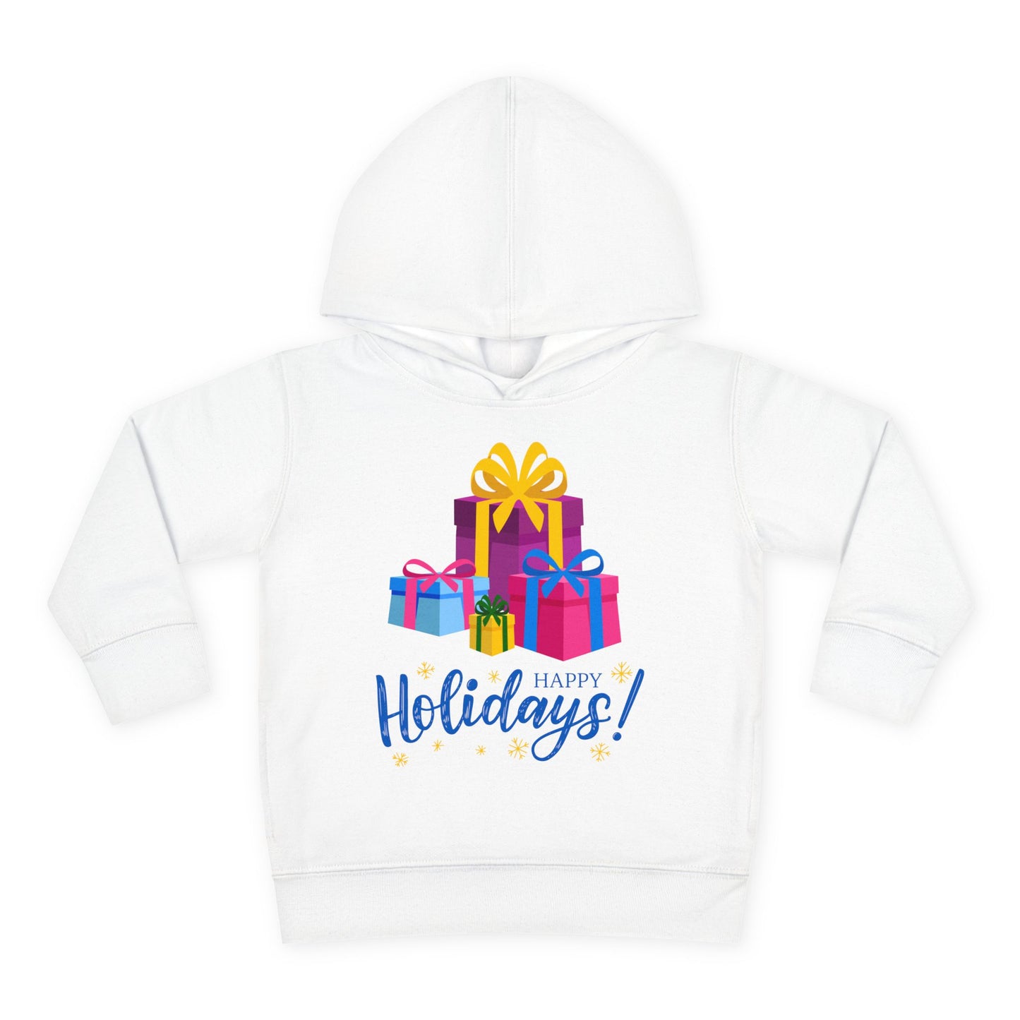 White toddler hoodie with colorful gift boxes and 'Happy Holidays!' text on a white background