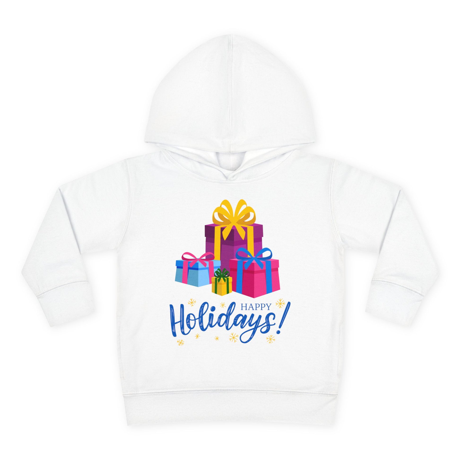 White toddler hoodie with colorful gift boxes and 'Happy Holidays!' text on a white background