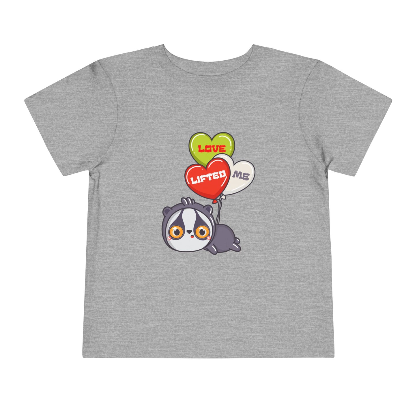 Gray toddler t-shirt with a cartoon sloth being carried away by heart shaped balloons that read 'Love Lifted Me'
