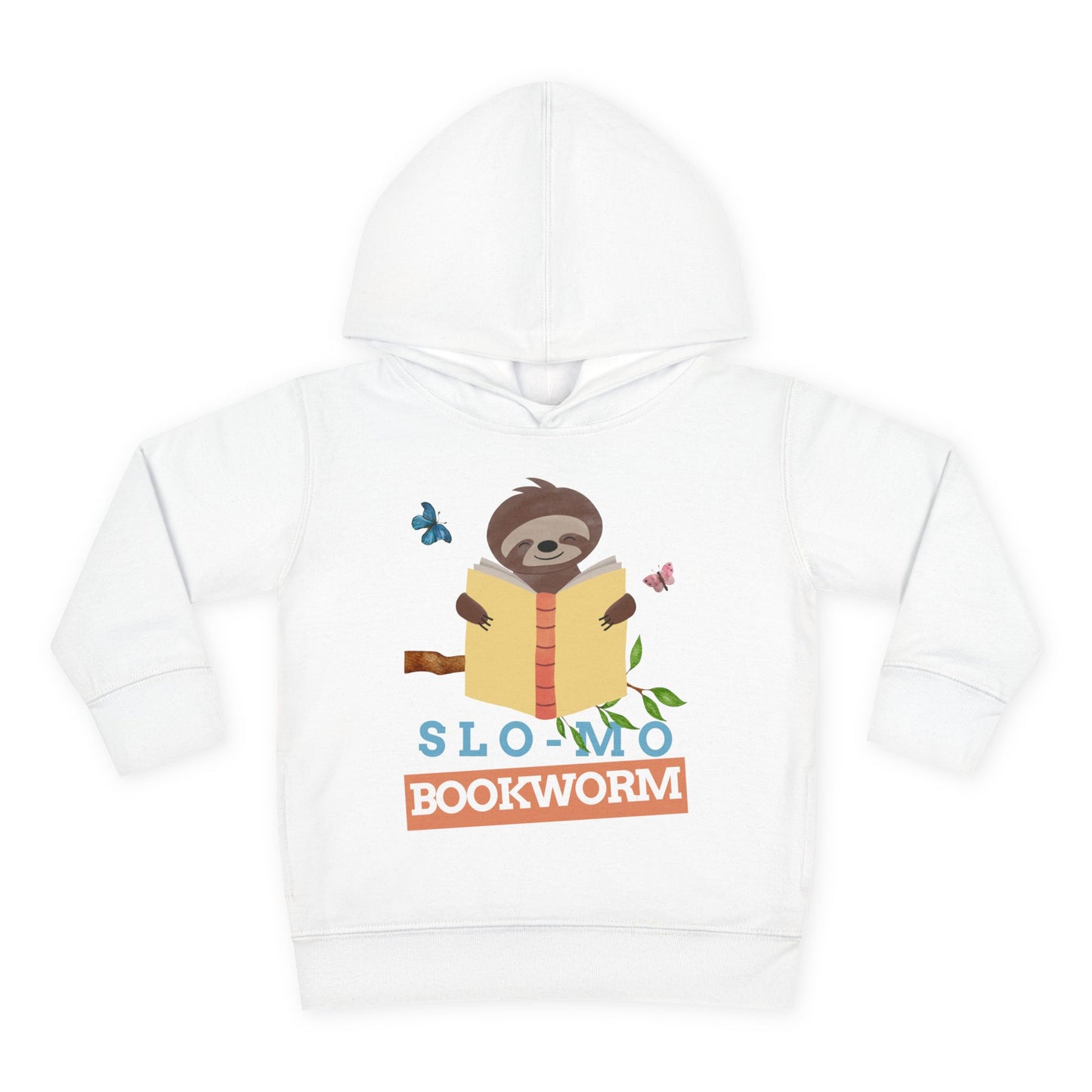 Smiling cartoon sloth hanging from a leafy branch while reading a book, surrounded by butterflies — design printed on a soft toddler hoodie.