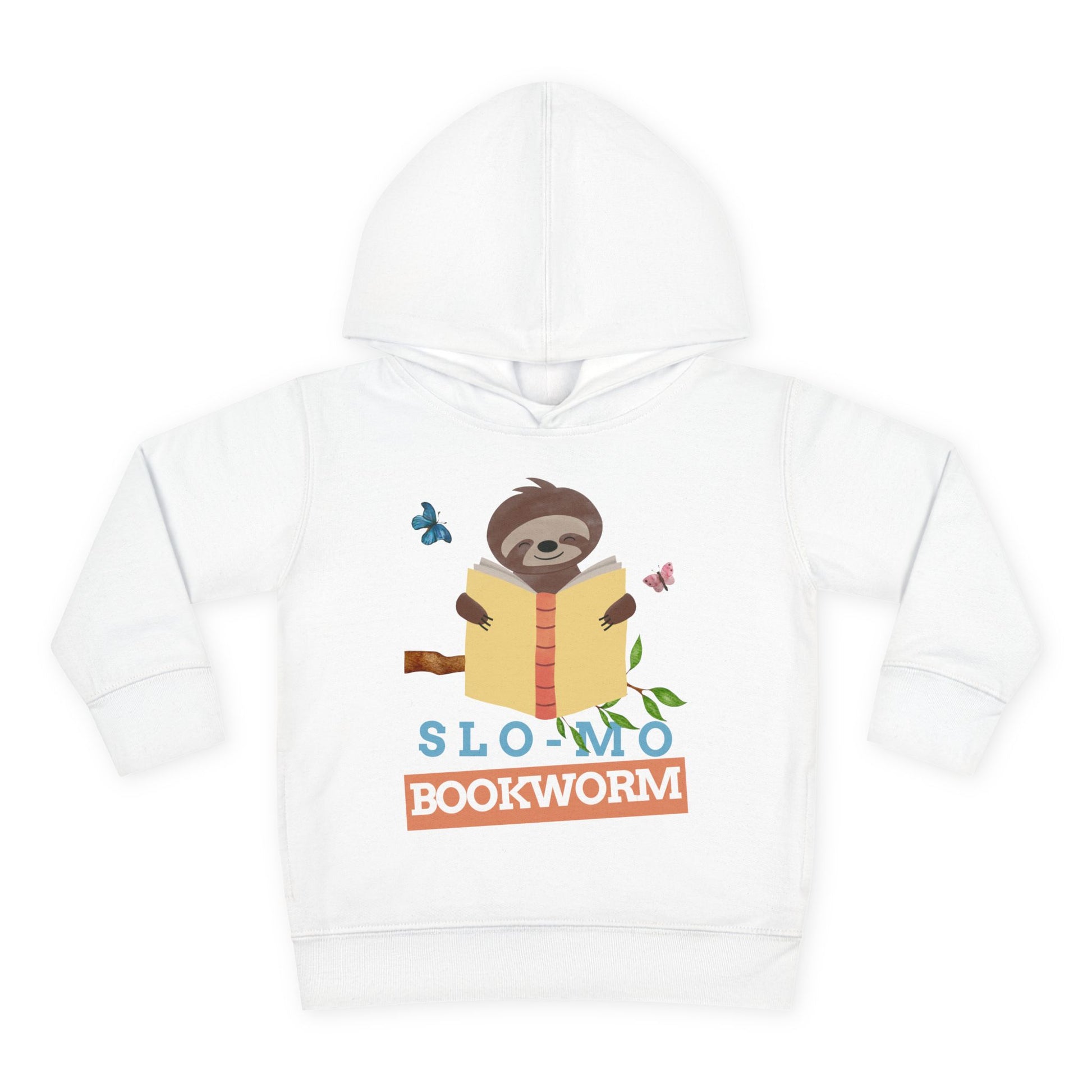 Smiling cartoon sloth hanging from a leafy branch while reading a book, surrounded by butterflies — design printed on a soft toddler hoodie.