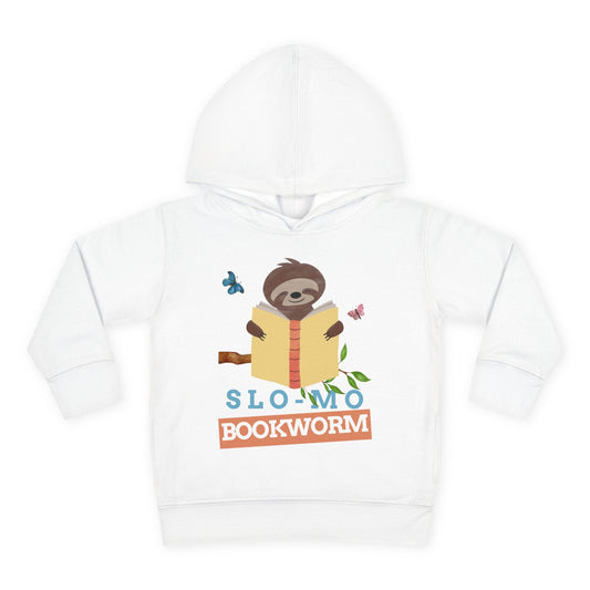 Smiling cartoon sloth hanging from a leafy branch while reading a book, surrounded by butterflies — design printed on a soft toddler hoodie.