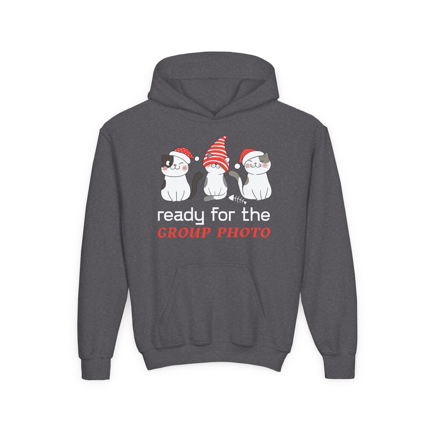 Youth Ready for the Group Photo Hoodie â€“ Festive Cat Trio Design Printify