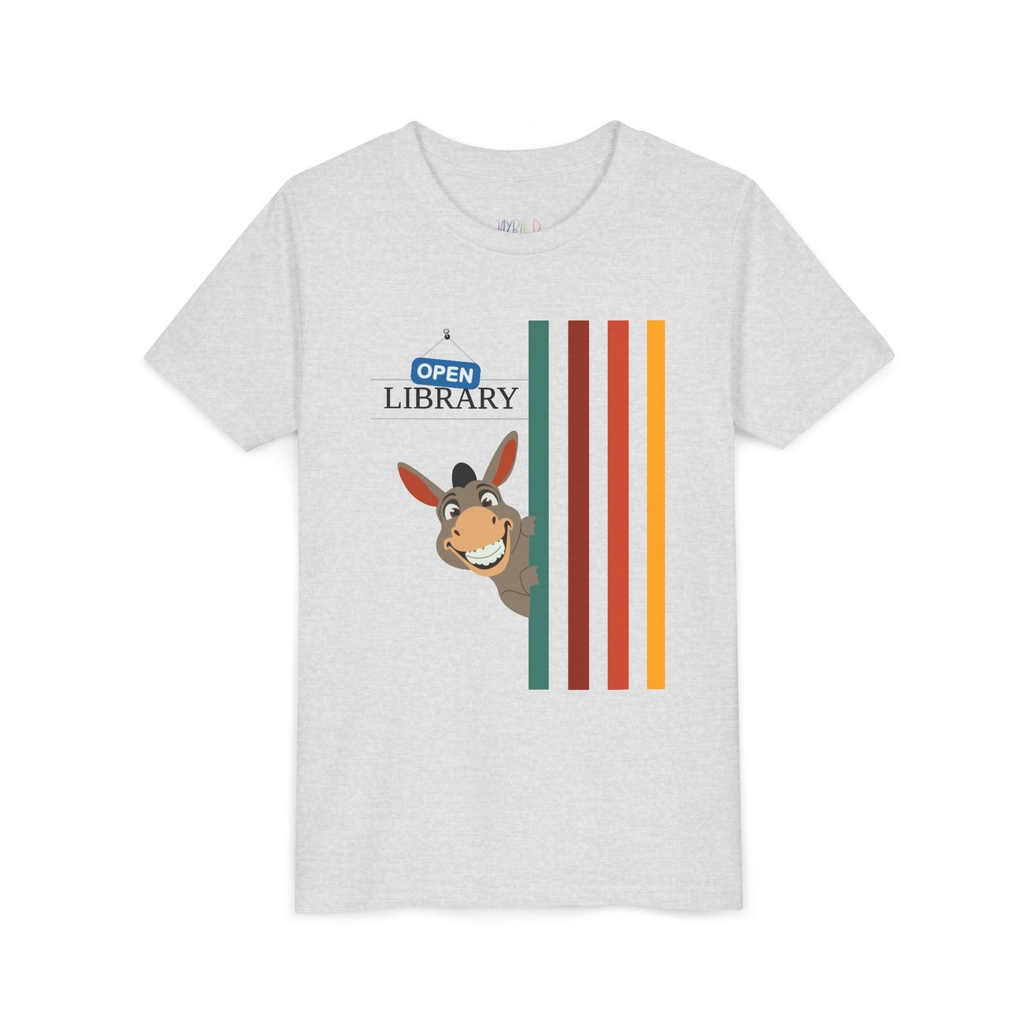 Light gray t-shirt with cartoon donkey peaking around a rainbow wall and text 'Open Library'