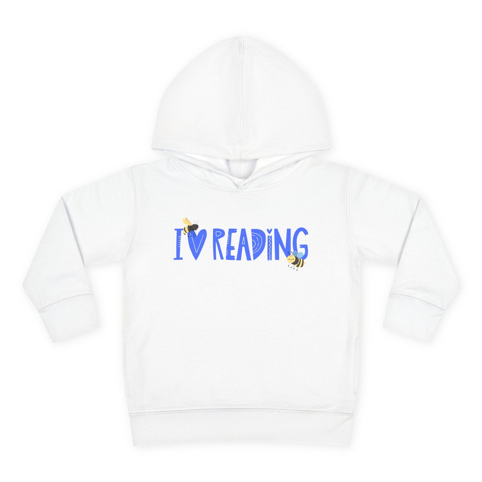 Two  cartoon bees buzzing around blue letters that say “I ❤️ Reading” above — printed on a soft toddler hoodie.