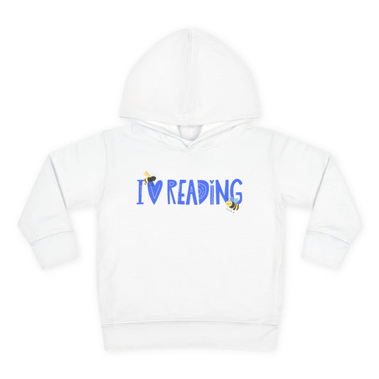 Two  cartoon bees buzzing around blue letters that say “I ❤️ Reading” above — printed on a soft toddler hoodie.