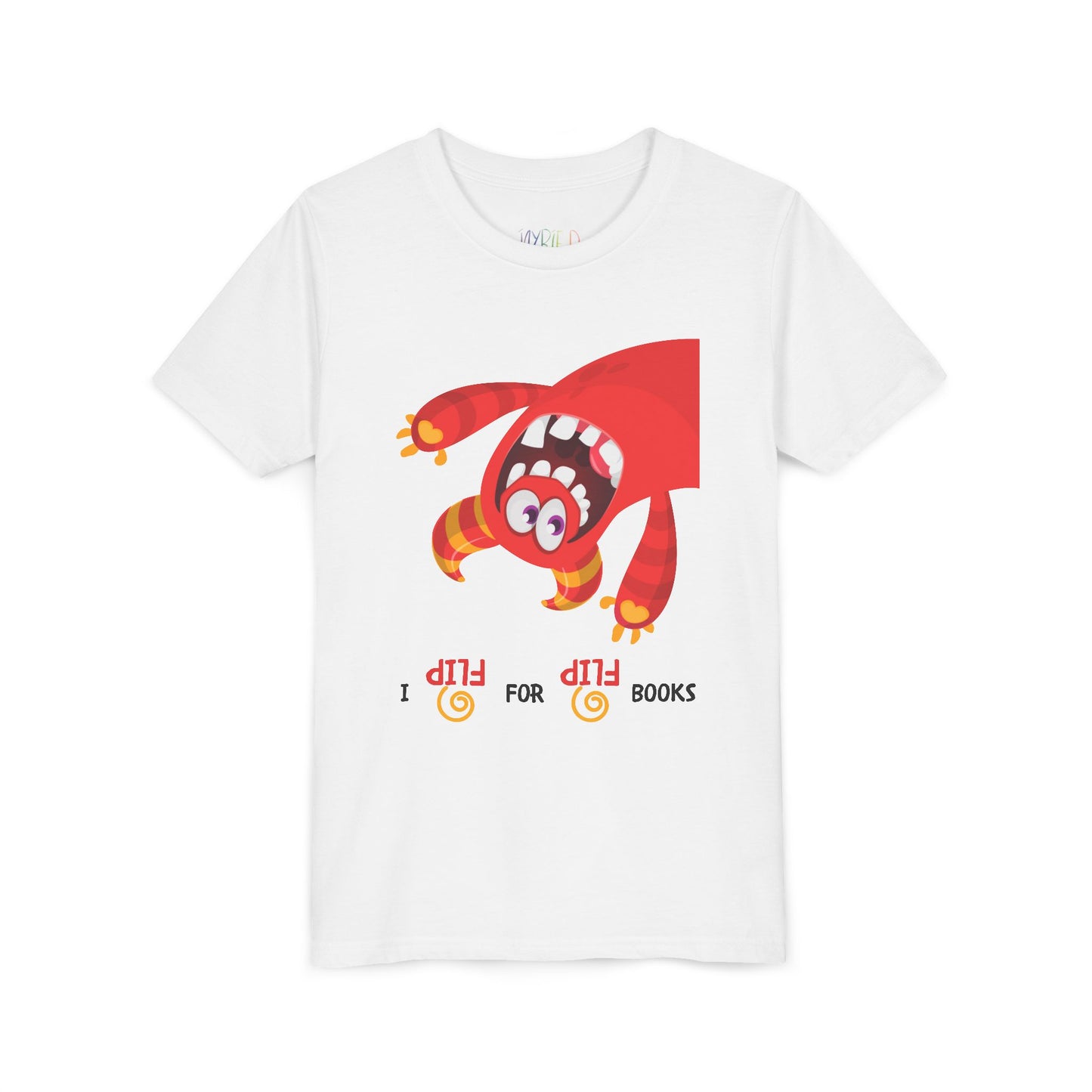 White t-shirt with an upside down red monster cartoon character and playful text 'I FLIP FOR FLIP BOOKS'