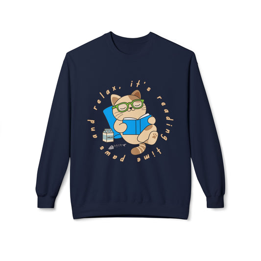 Teen/Adult Unisex Paws and Relax Sweatshirt – Cozy Cat Reading Time Design