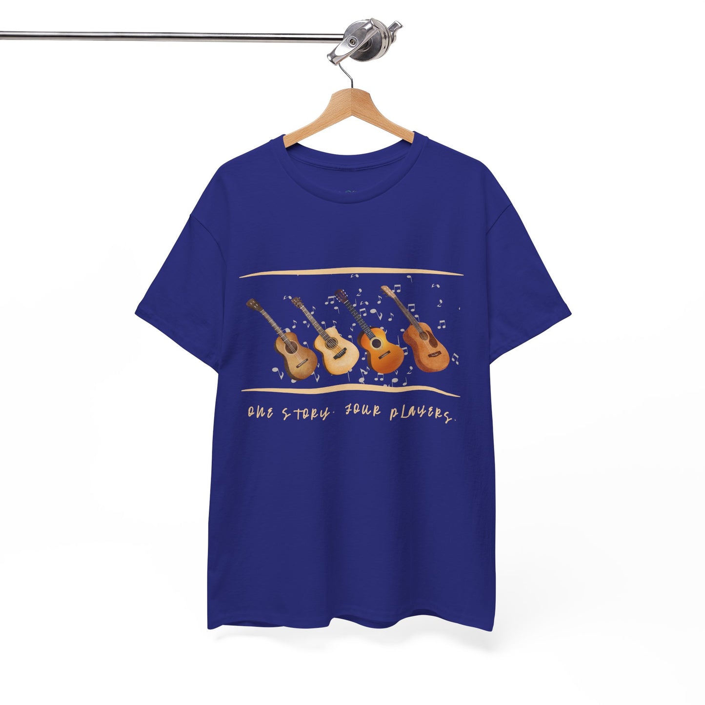 Blue t-shirt with four guitars and text 'one story, four players'