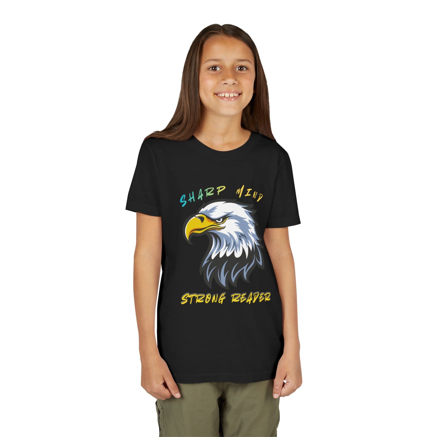 Girl wearing a black t-shirt with an eagle graphic and colorful text 'Sharp Mind Strong Reader'