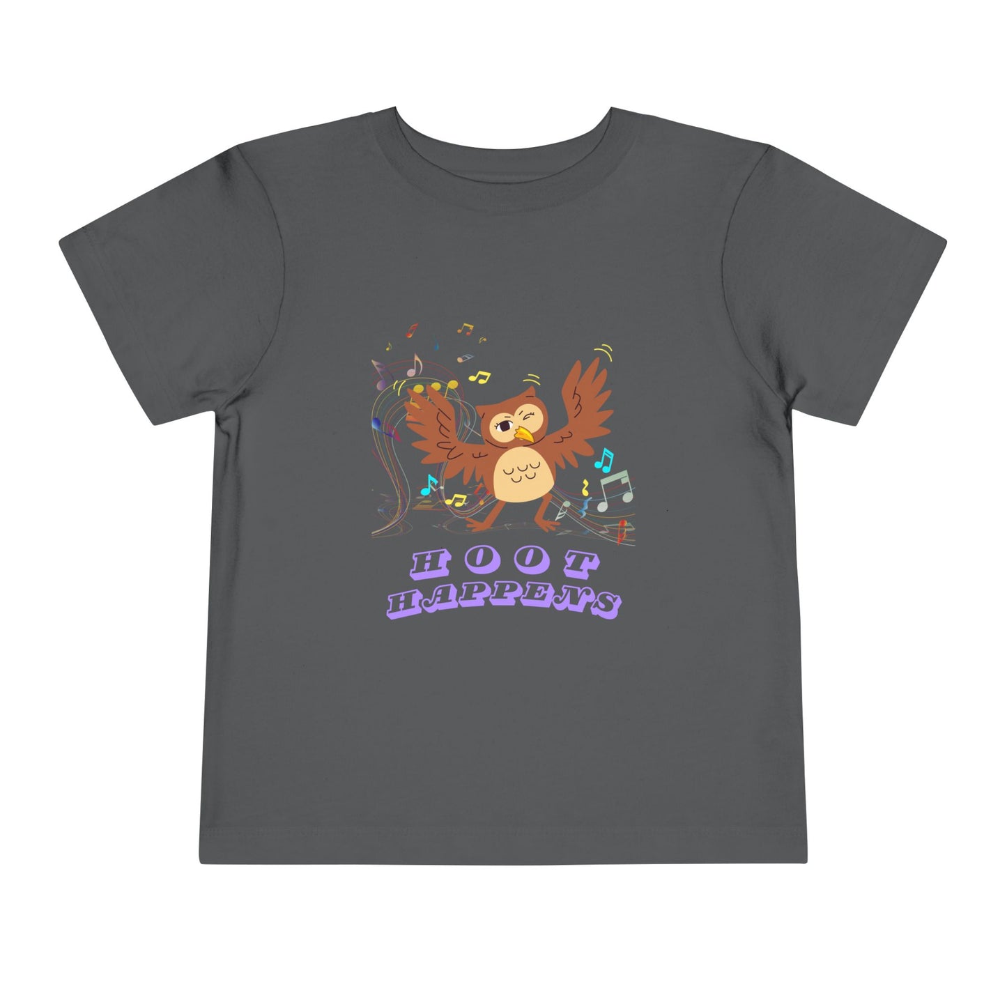 Gray toddler t-shirt with a colorful music notes and a dancing owl, 'Hoot happens' text 
