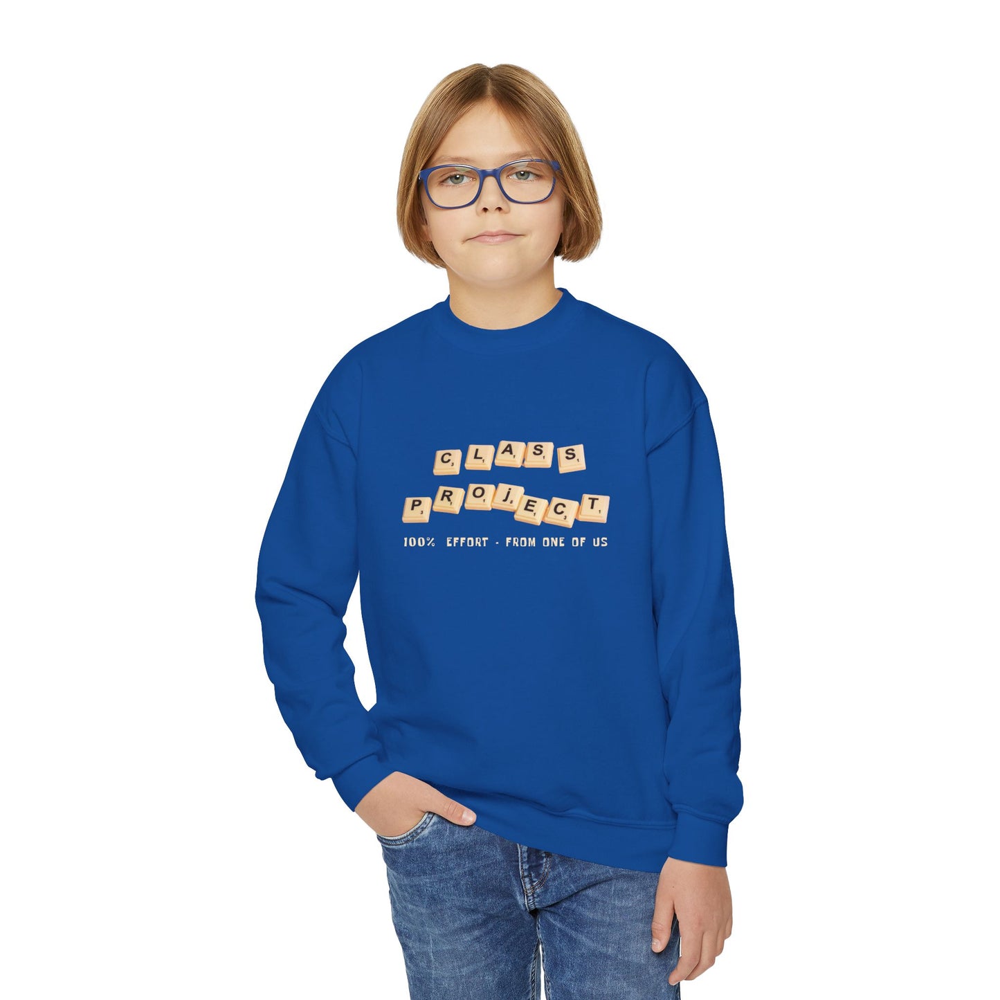 Boy wearing a blue sweatshirt with game tiles spelling out 'Class Project' and text '100% Effort - From One Of Us' 