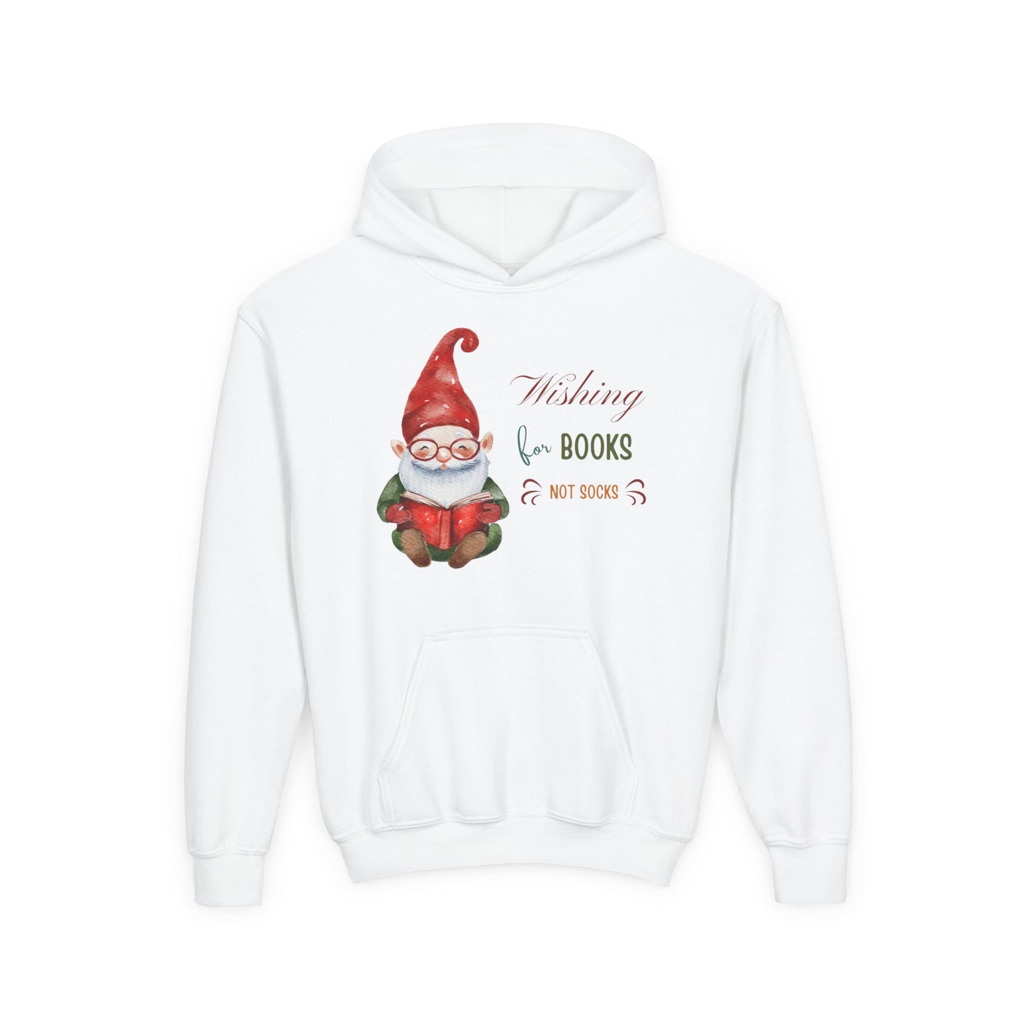 White hoodie with a gnome graphic and text on a white background