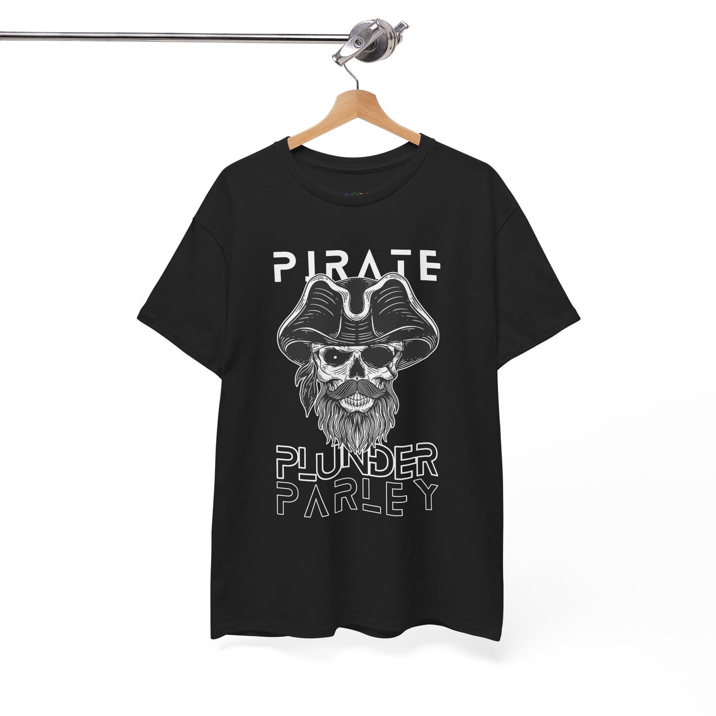 Black t-shirt with a black and white pirate graphic and text 'Pirate. Plunder. Parley'