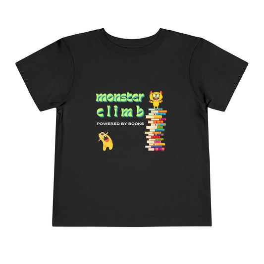 Black toddler t-shirt with a monster on top of a colorful stack of books, another monster cheering him on and text 'Monster Climb Powered By Books'