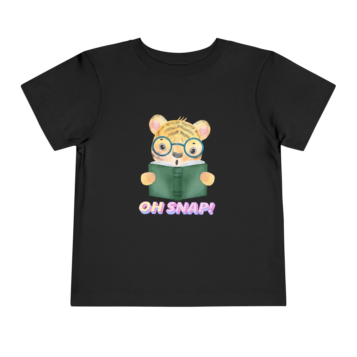 Black toddler t-shirt with a surprised cartoon tiger wearing glasses, holding a book and text 'OH SNAP!' 