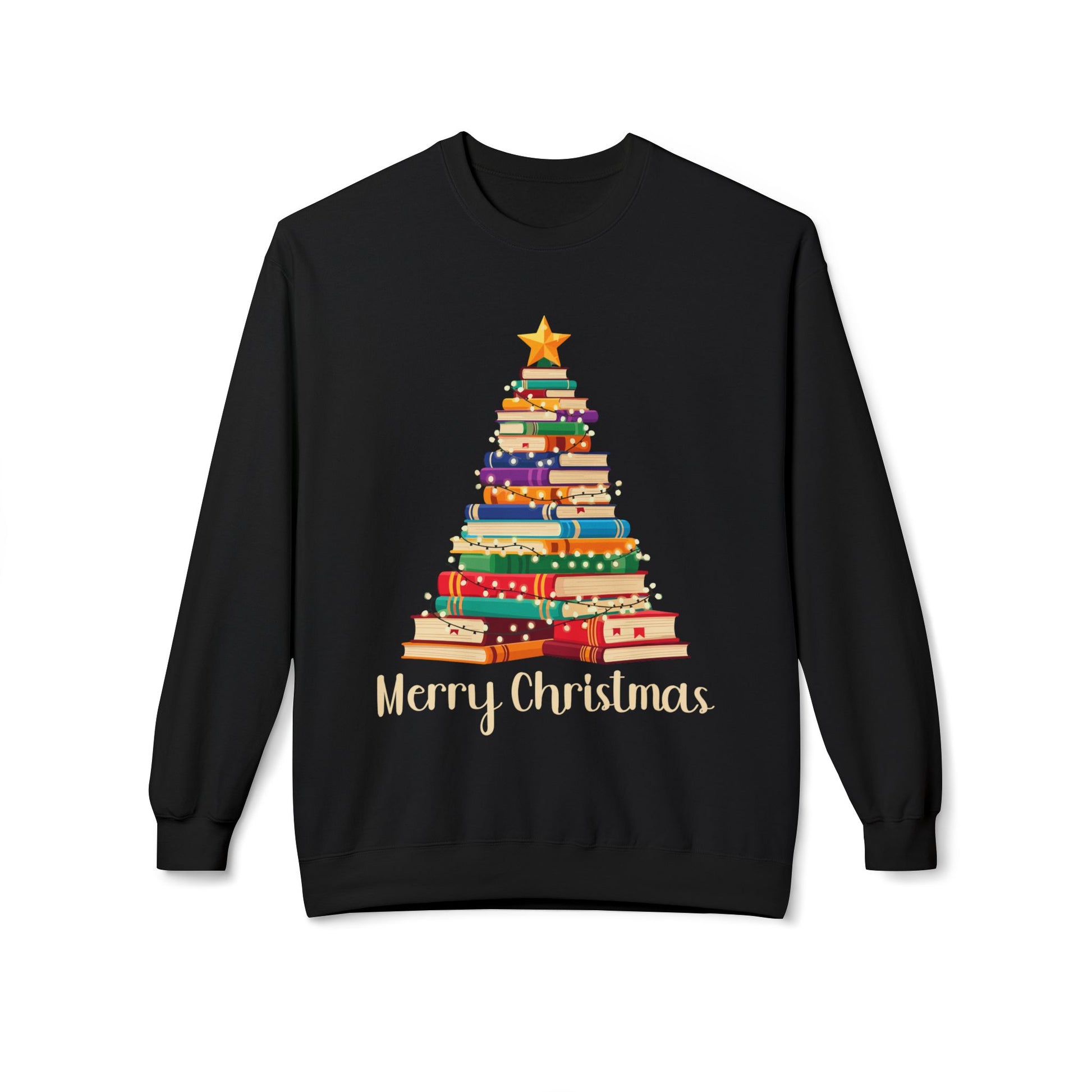 Black sweatshirt with a colorful book Christmas tree design and 'Merry Christmas' text on a white background.