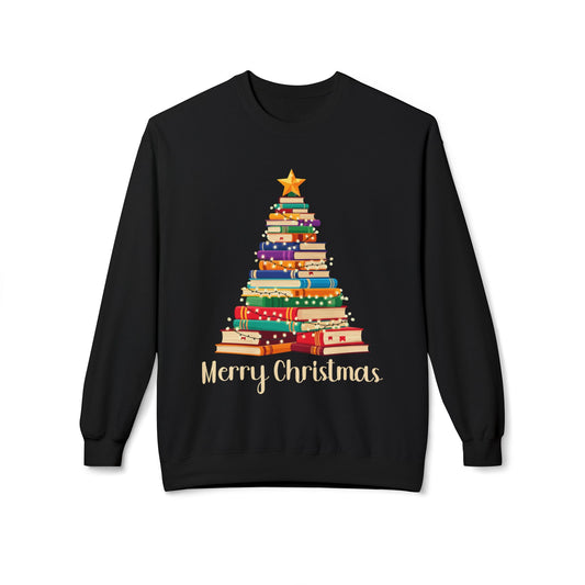Black sweatshirt with a colorful book Christmas tree design and 'Merry Christmas' text on a white background.