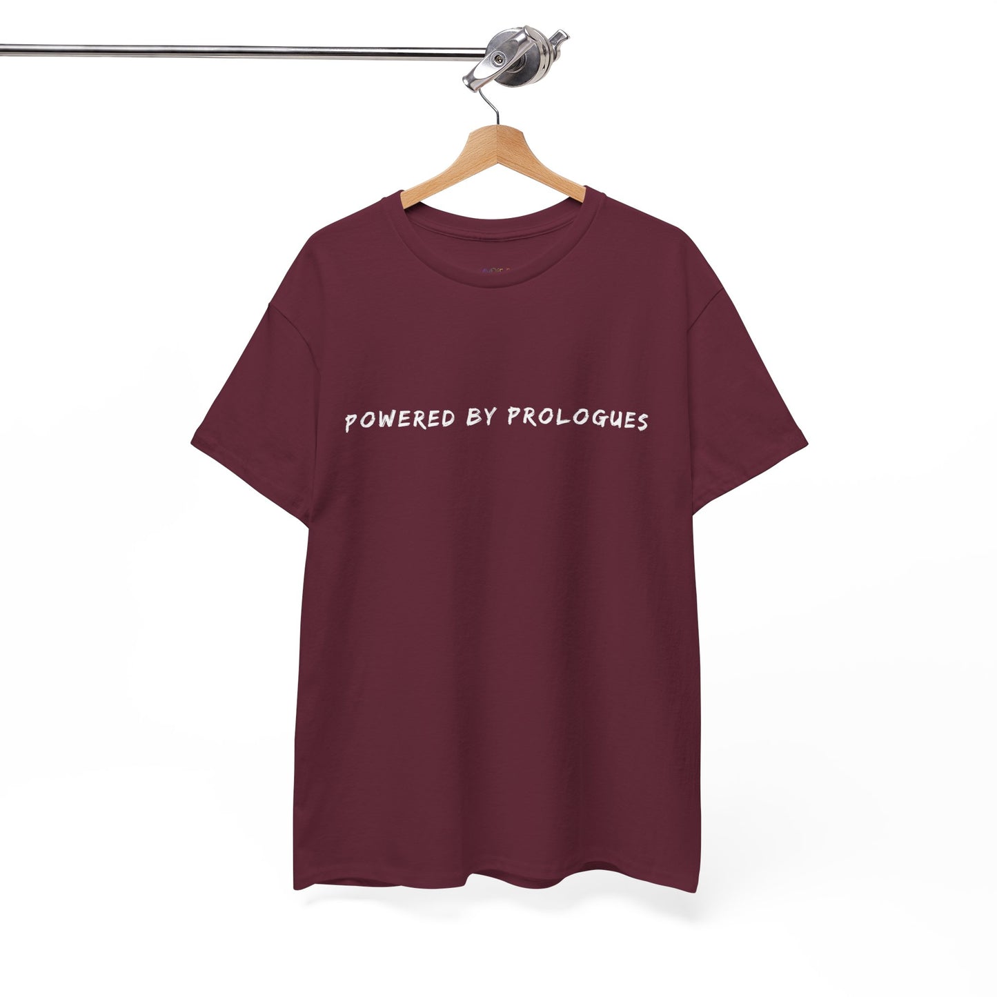 Maroon t-shirt with 'POWERED BY PROLOGUES' text 
