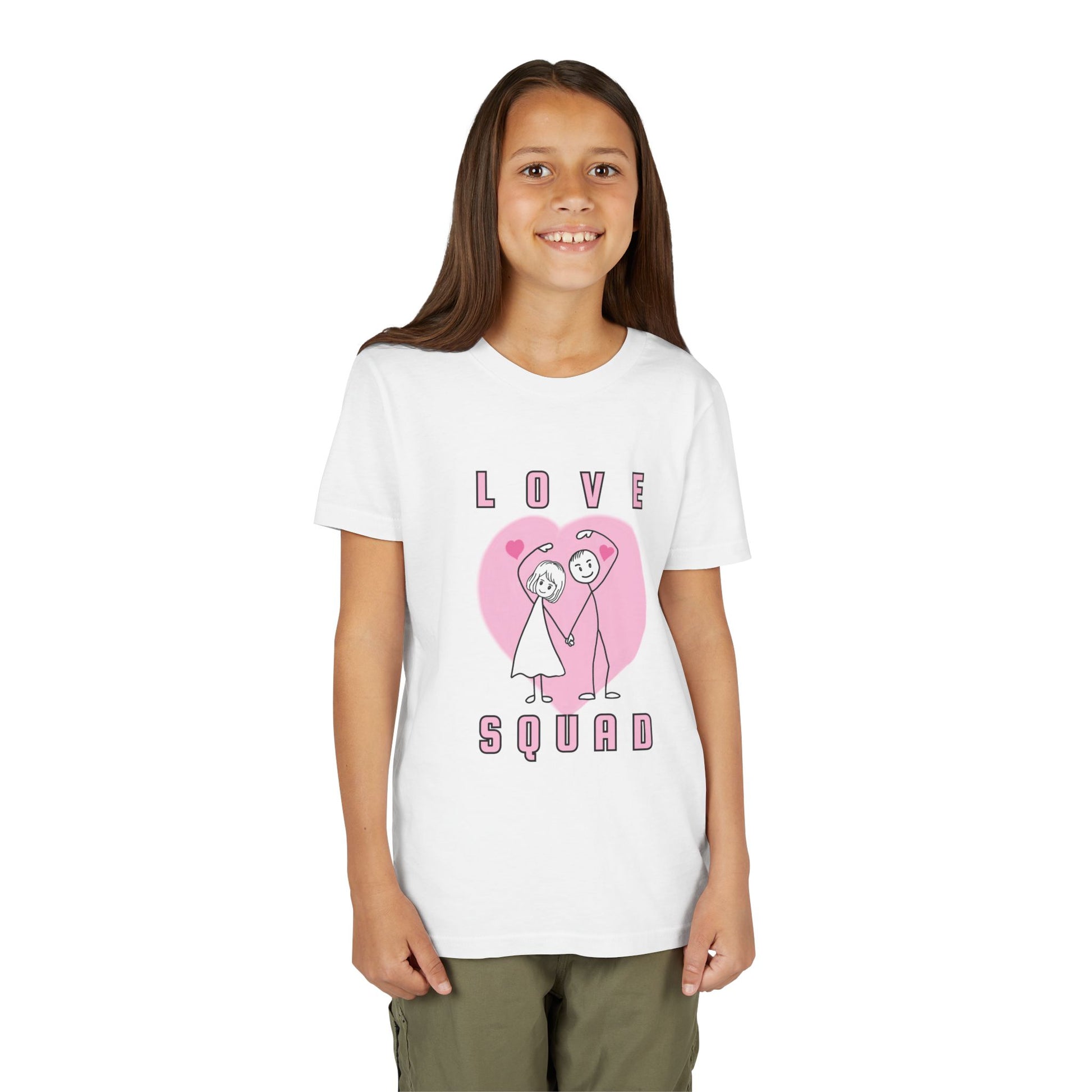 Girl wearing a white t-shirt with 'Love Squad' stick figure design, a large pink heart and text 'Love Squad' 