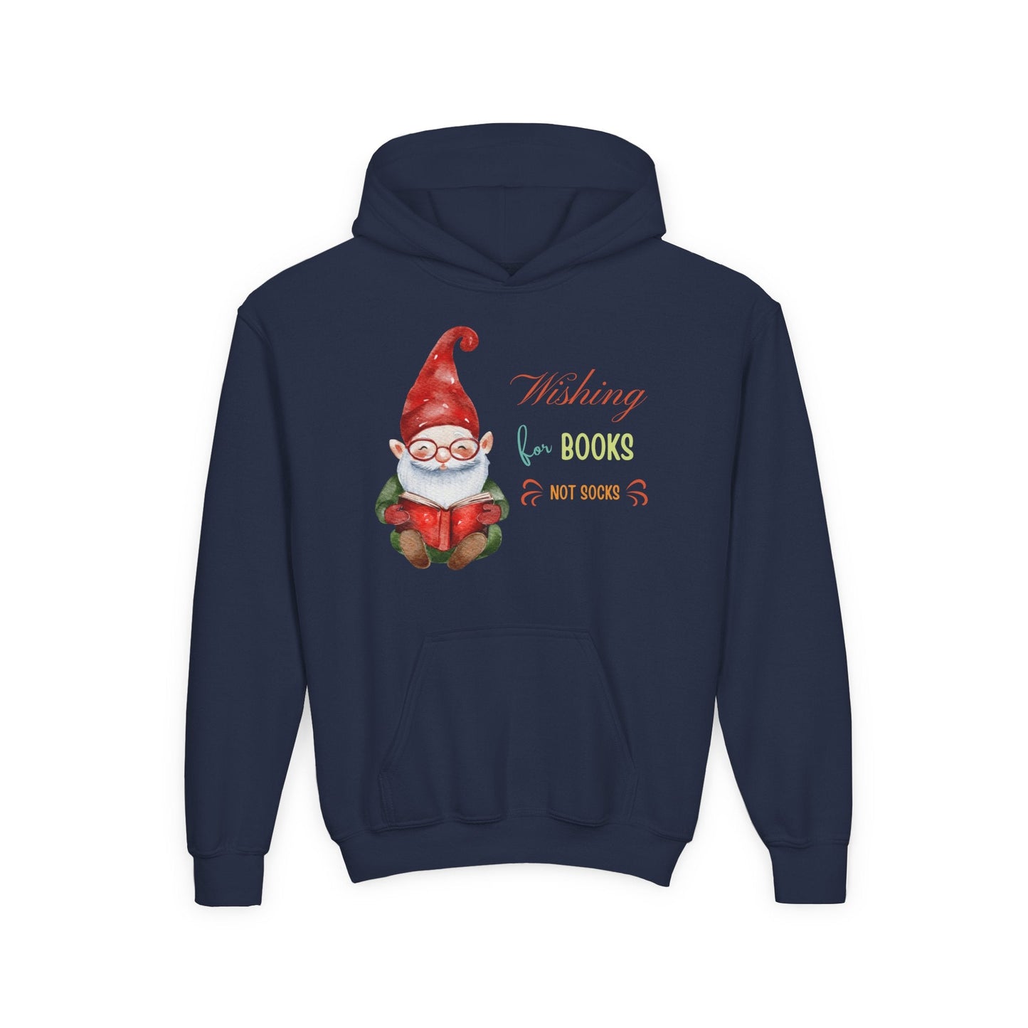 Youth Wishing for Books Hoodie â€“ Cute Holiday Gnome Design Printify