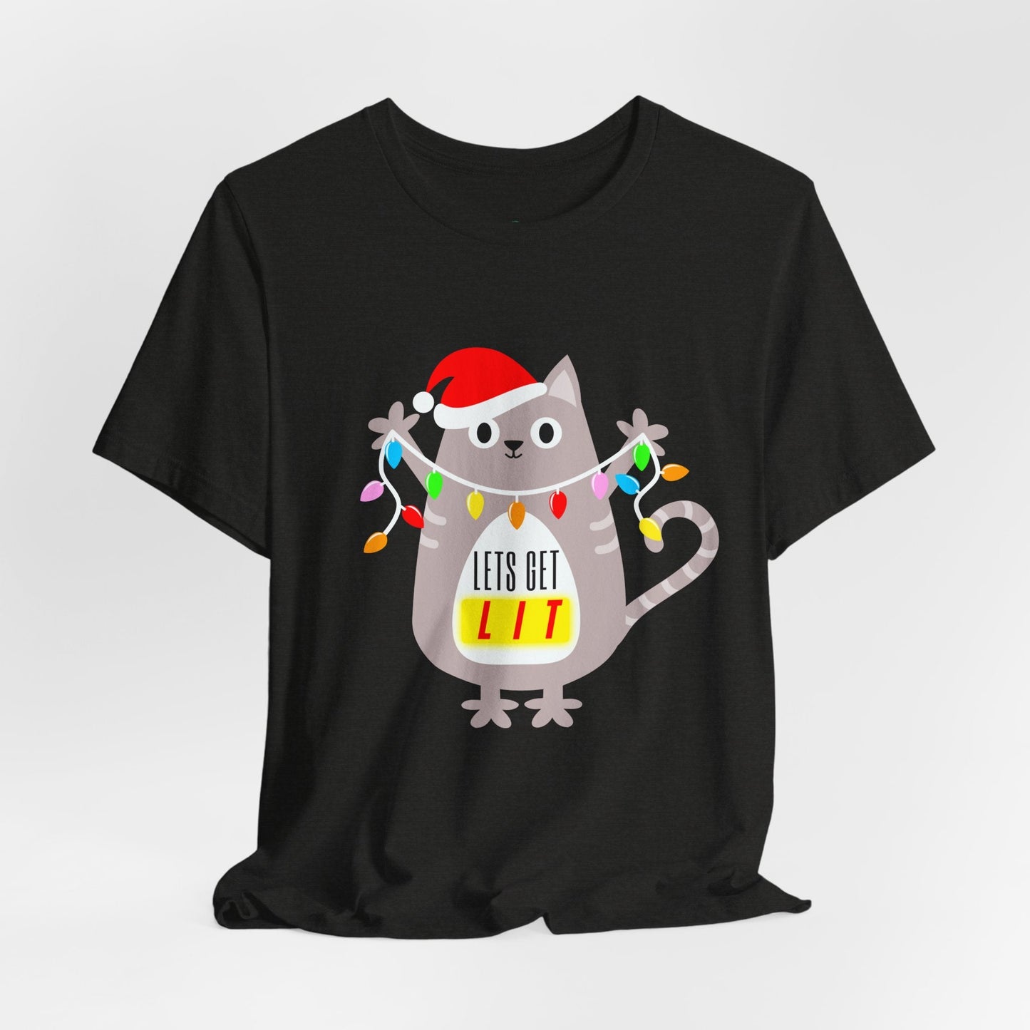 Teen/Adult Unisex Letâ€™s Get Lit T-Shirt â€“ Festive Cat Christmas Lights Design Printify