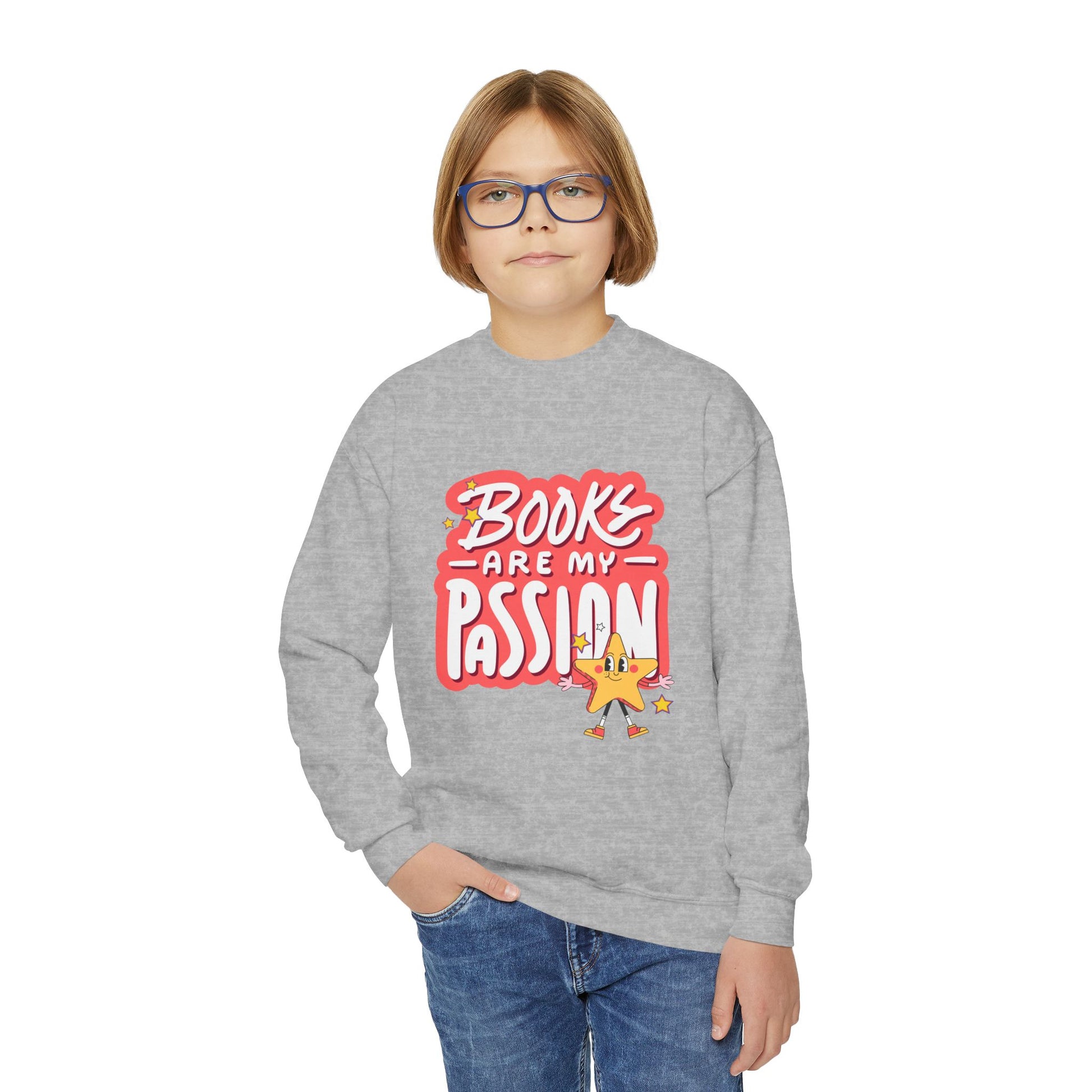Boy wearing a gray sweatshirt with 'Books are my Passion' text and star graphic 