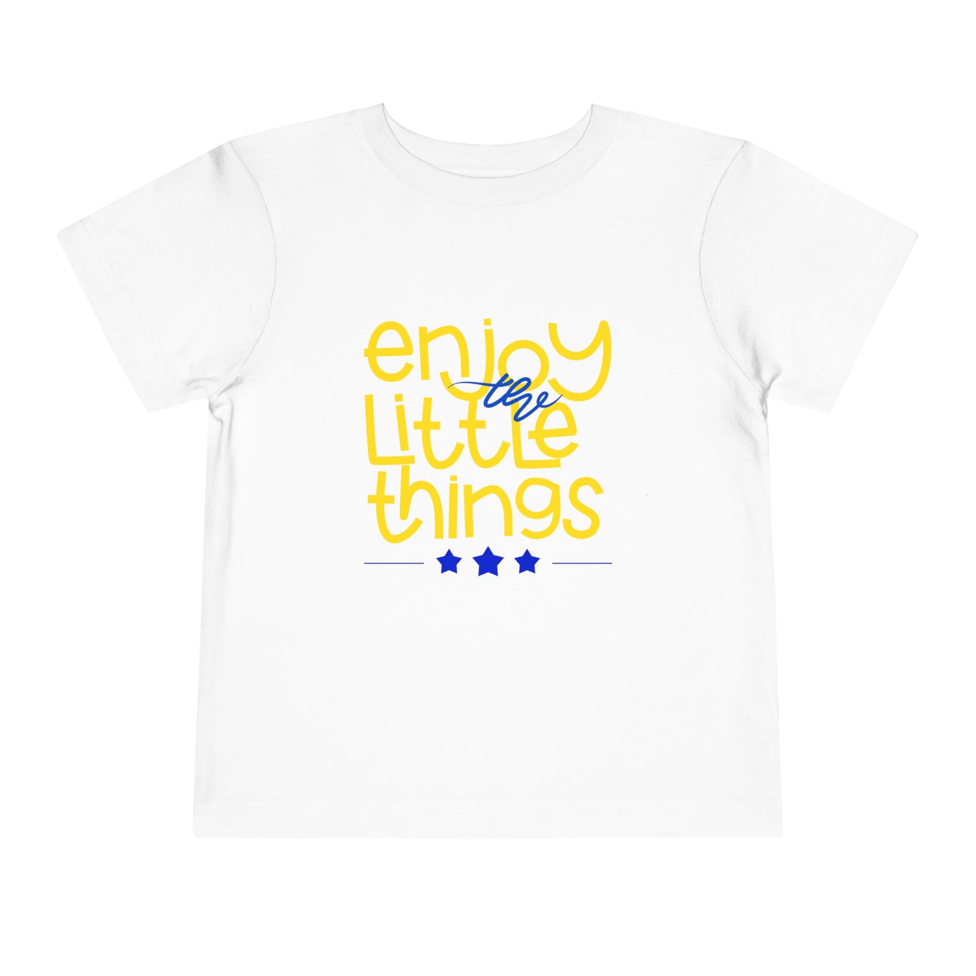 White toddler t-shirt with 'enjoy the little things' text in yellow and blue 