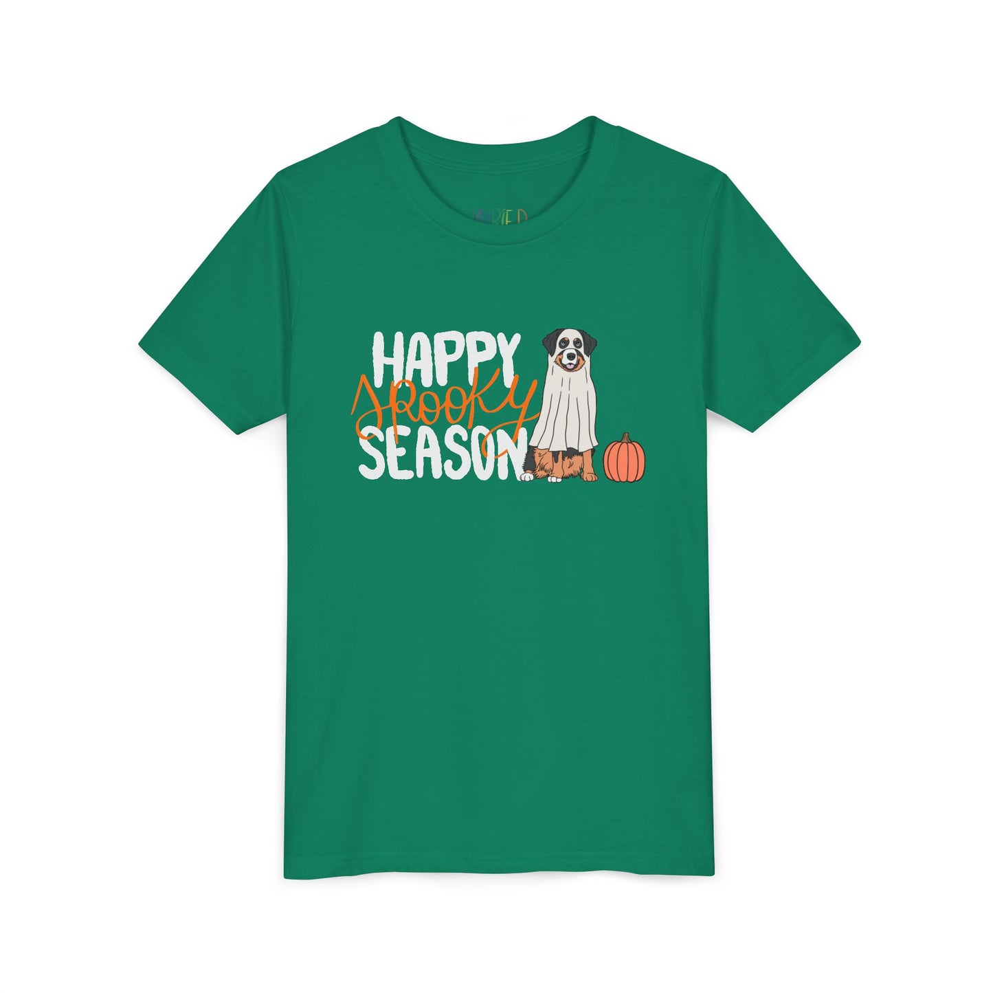 Green t-shirt with 'Happy Spooky Season' text and a dog dressed as a ghost