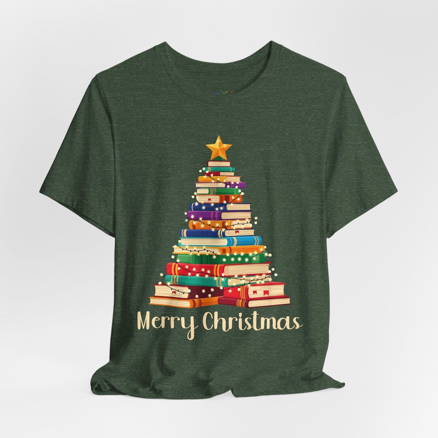 Teen/Adult Unisex Merry Christmas T-Shirt â€“ Festive Book Tree Holiday Design Printify