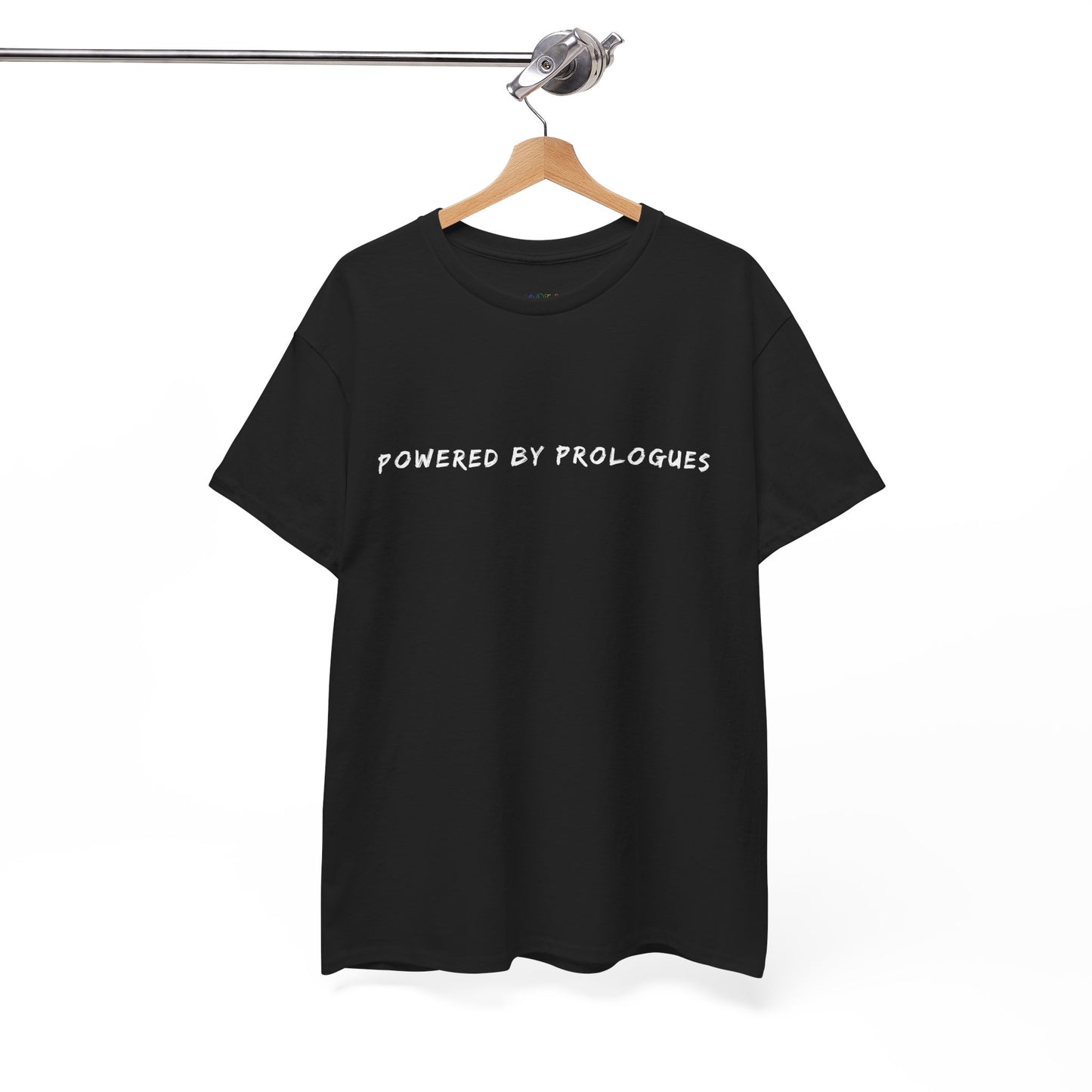 Black t-shirt with 'POWERED BY PROLOGUES' text 
