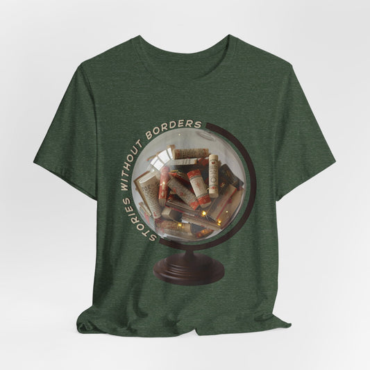 Teen/Adult Unisex Stories Without Borders T-Shirt â€“ Book Globe Design Printify