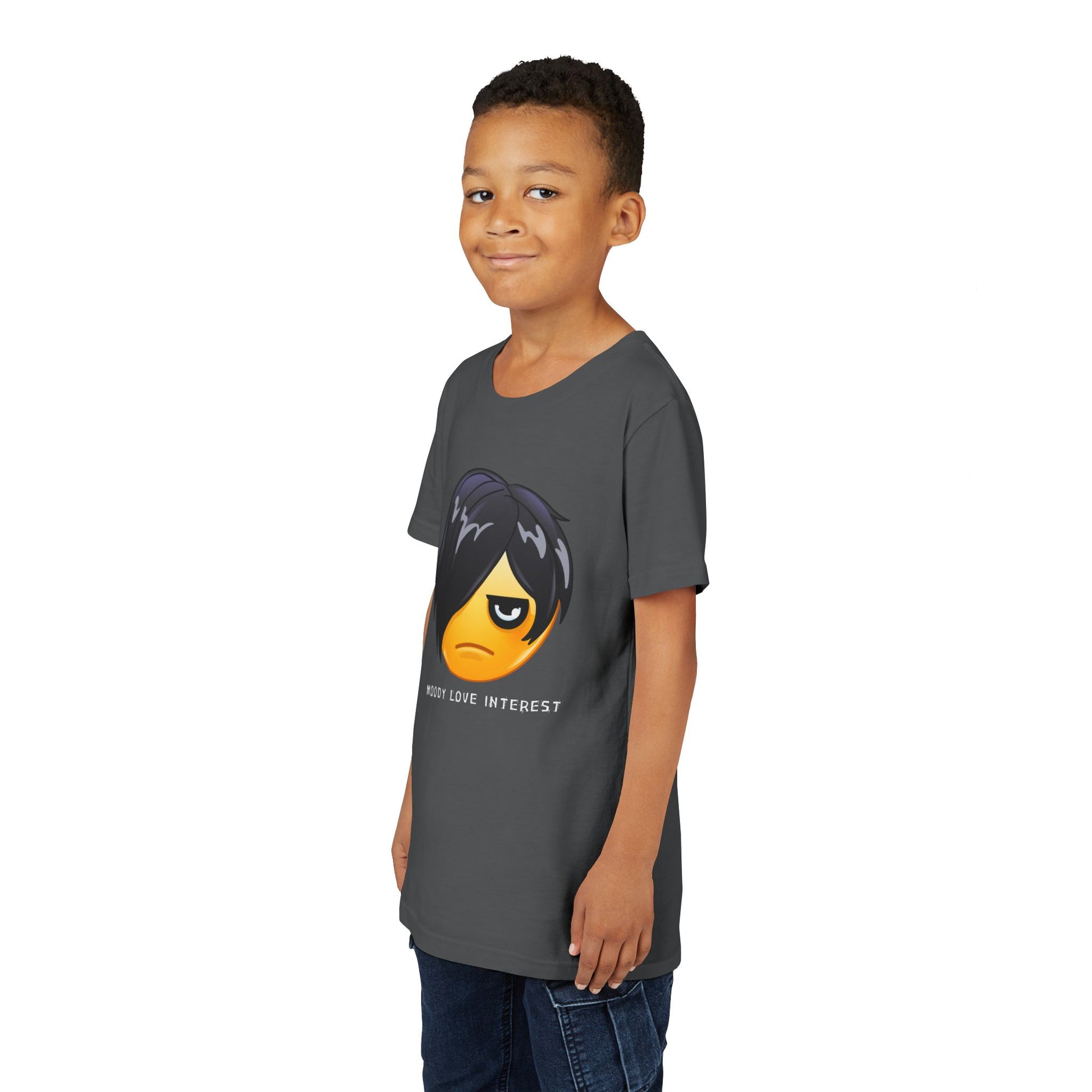 Boy waring a dark gray t-shirt with a moody emoji and text 'moody love interest'