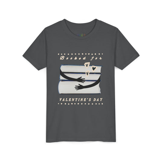 Gray t-shirt with two arms hugging a stack of books and text 'Booked for Valentine's Day'