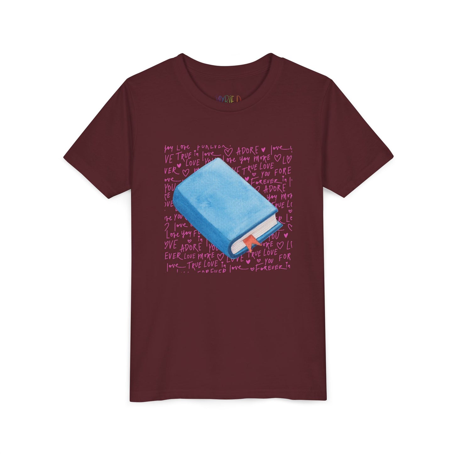 Maroon t-shirt with a pink hand writing and a blue book graphic 