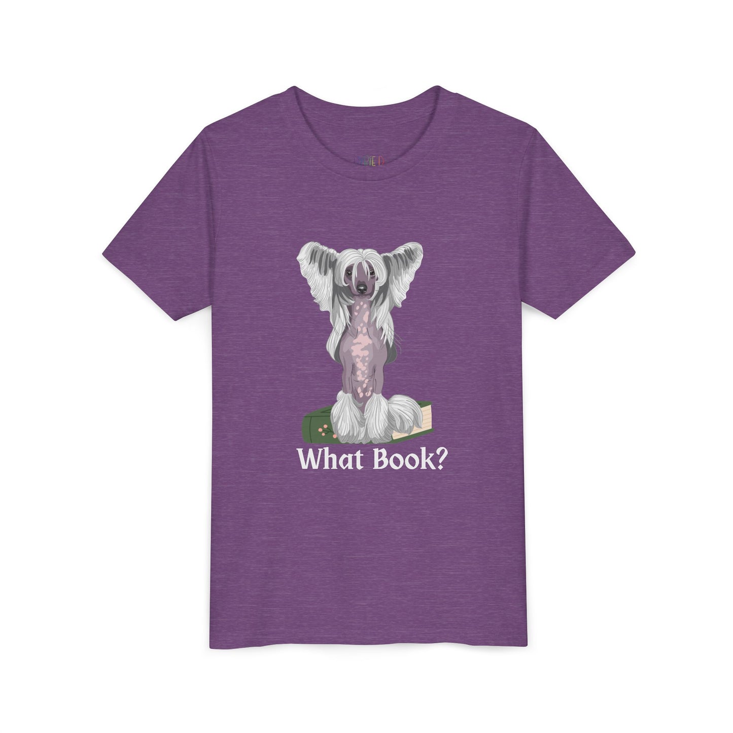 Purple t-shirt with a graphic of a dog sitting on a book and text 'What Book?' 