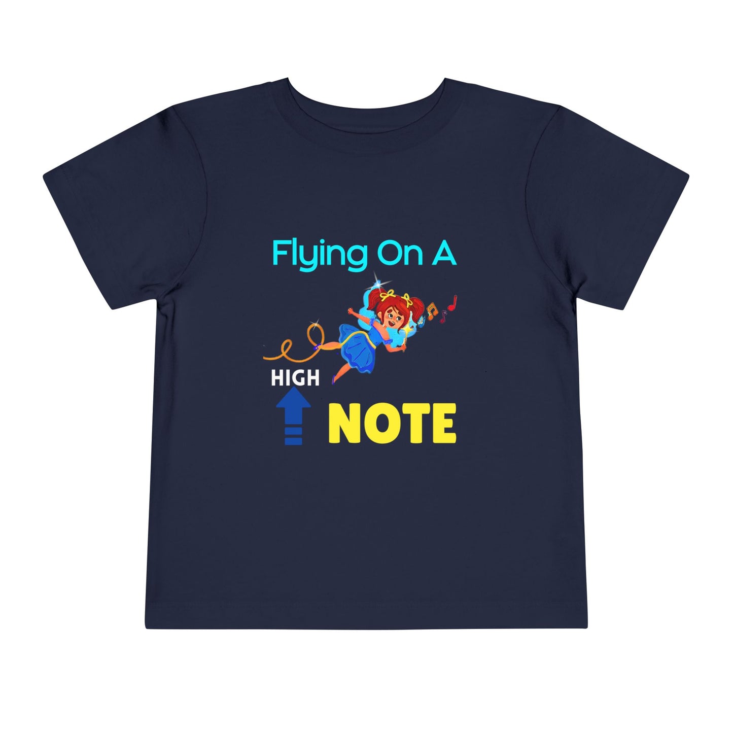 Navy blue toddler t-shirt with a flying fairy graphic and playful text 'flying on a high note'