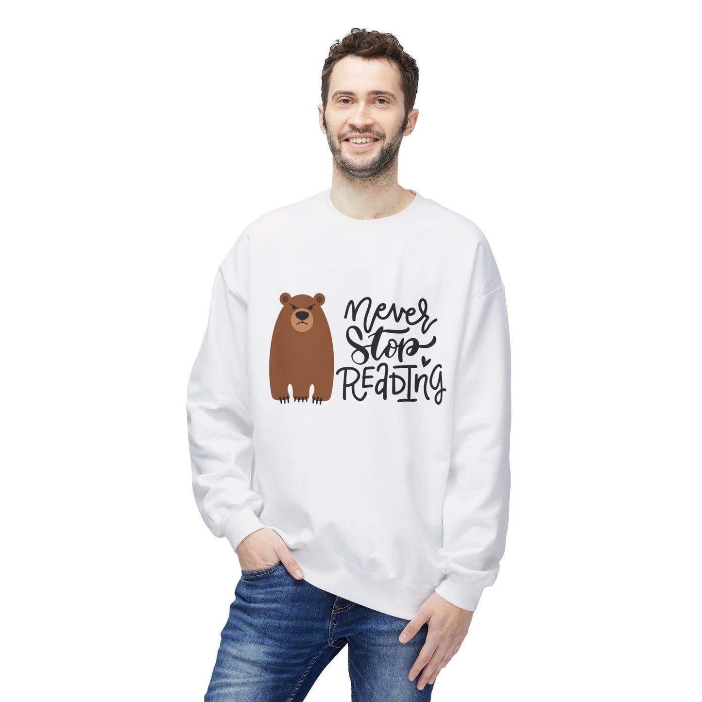 Teen/Adult Unisex Never Stop Reading Sweatshirt, Cozy Bear Book Lover Crewneck