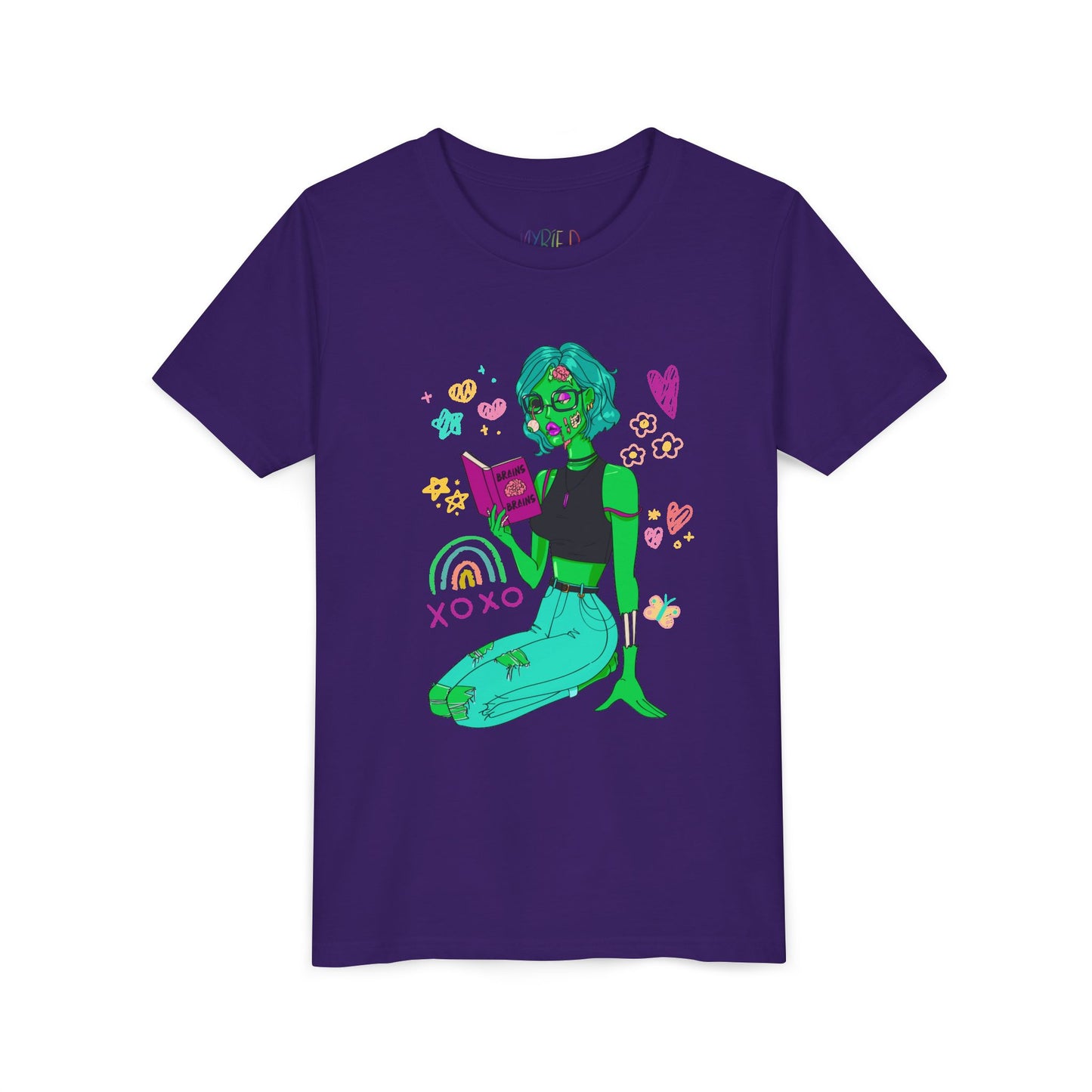 Purple t-shirt with a girl zombie reading a book, surrounded by colorful doodles
