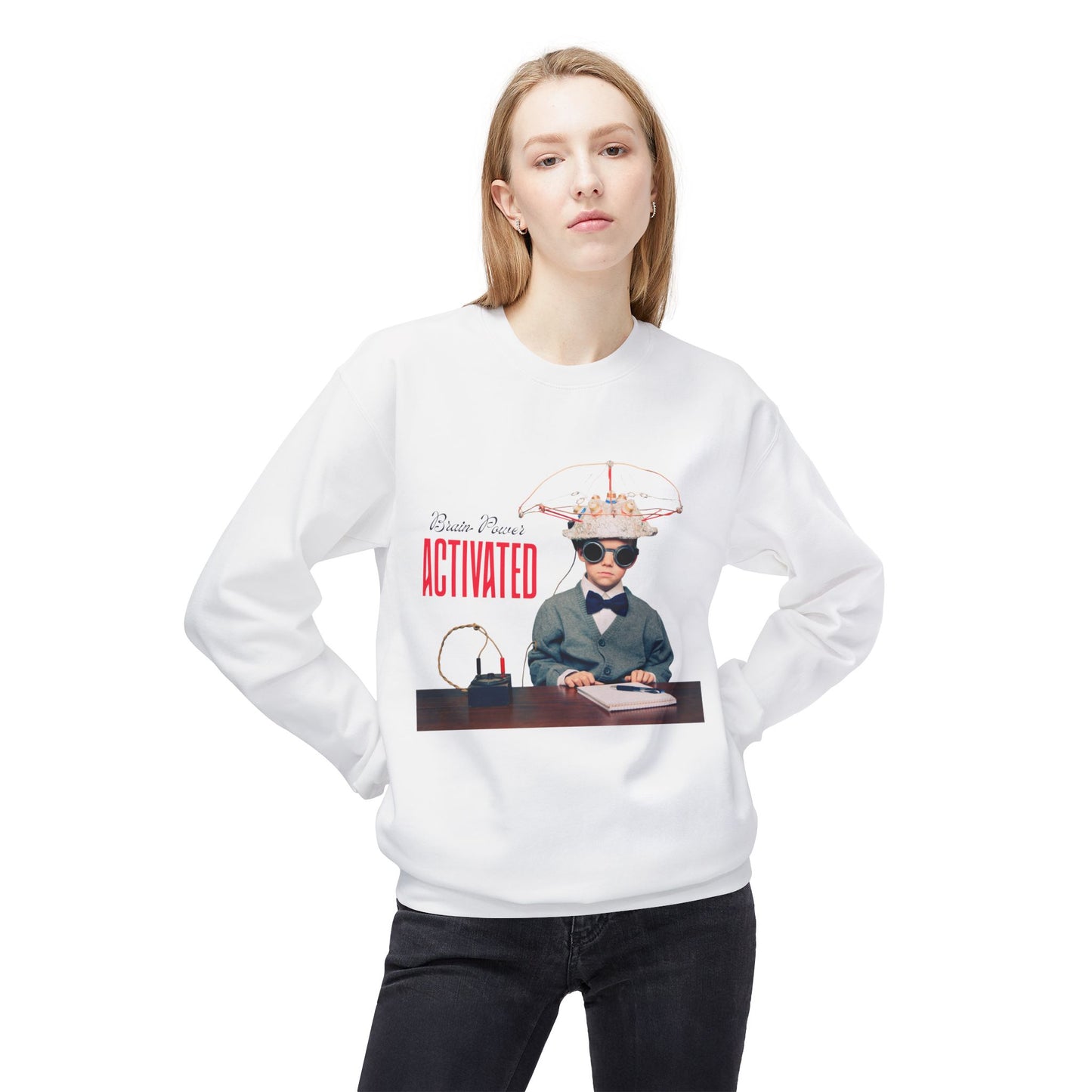 Woman wearing a white sweatshirt with a curious kid inventor and text 'Brain Power ACTIVATED'