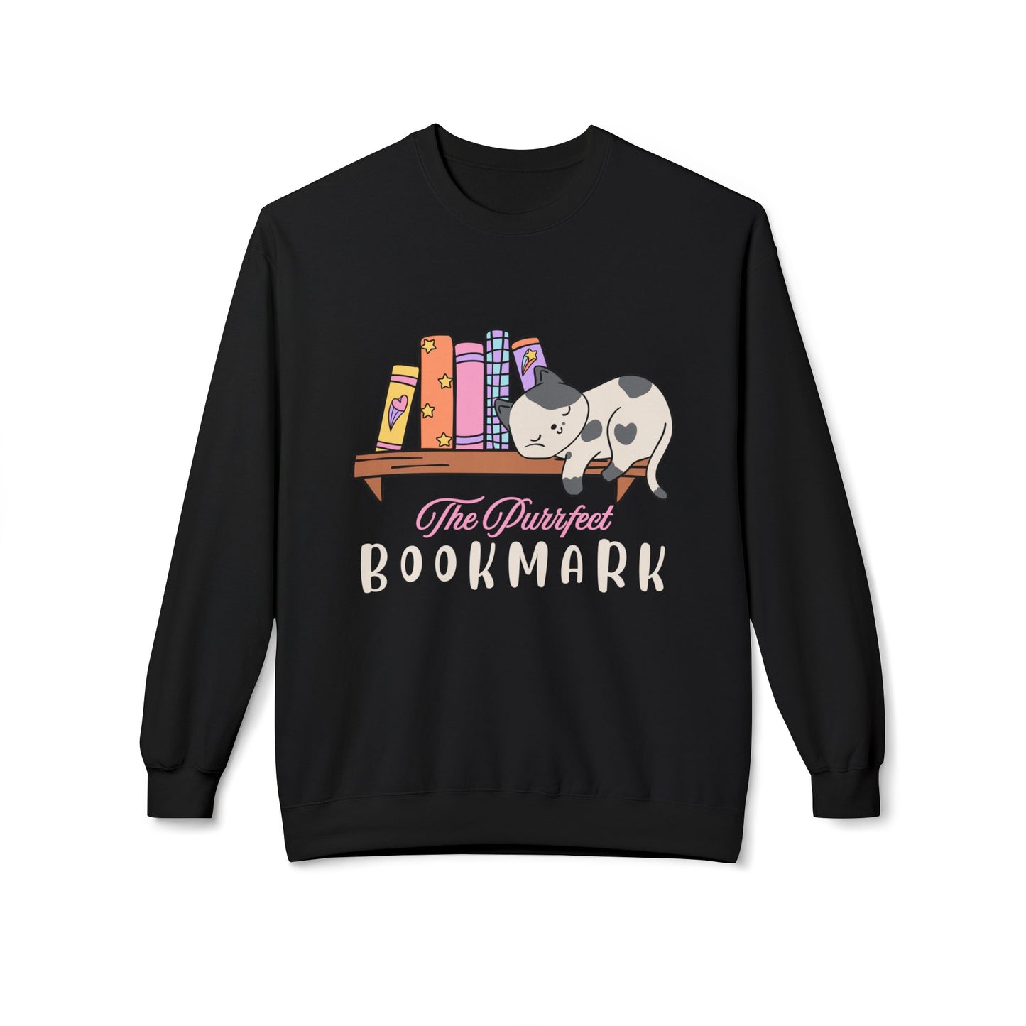 Black sweatshirt with a cat sleeping on a bookshelf and 'The Purrfect Bookmark' text 