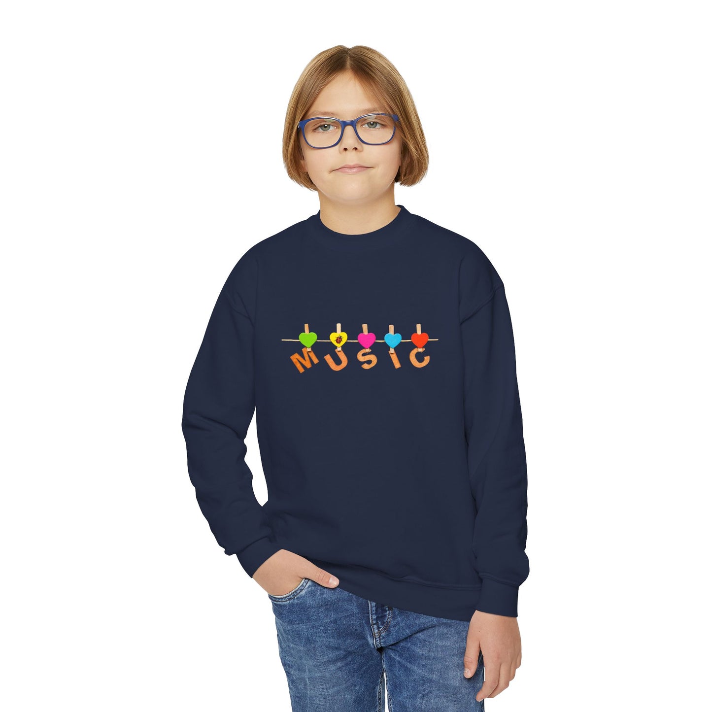 Boy wearing a navy blue sweatshirt with colorful heart clothesline clips and 'MUSIC' text