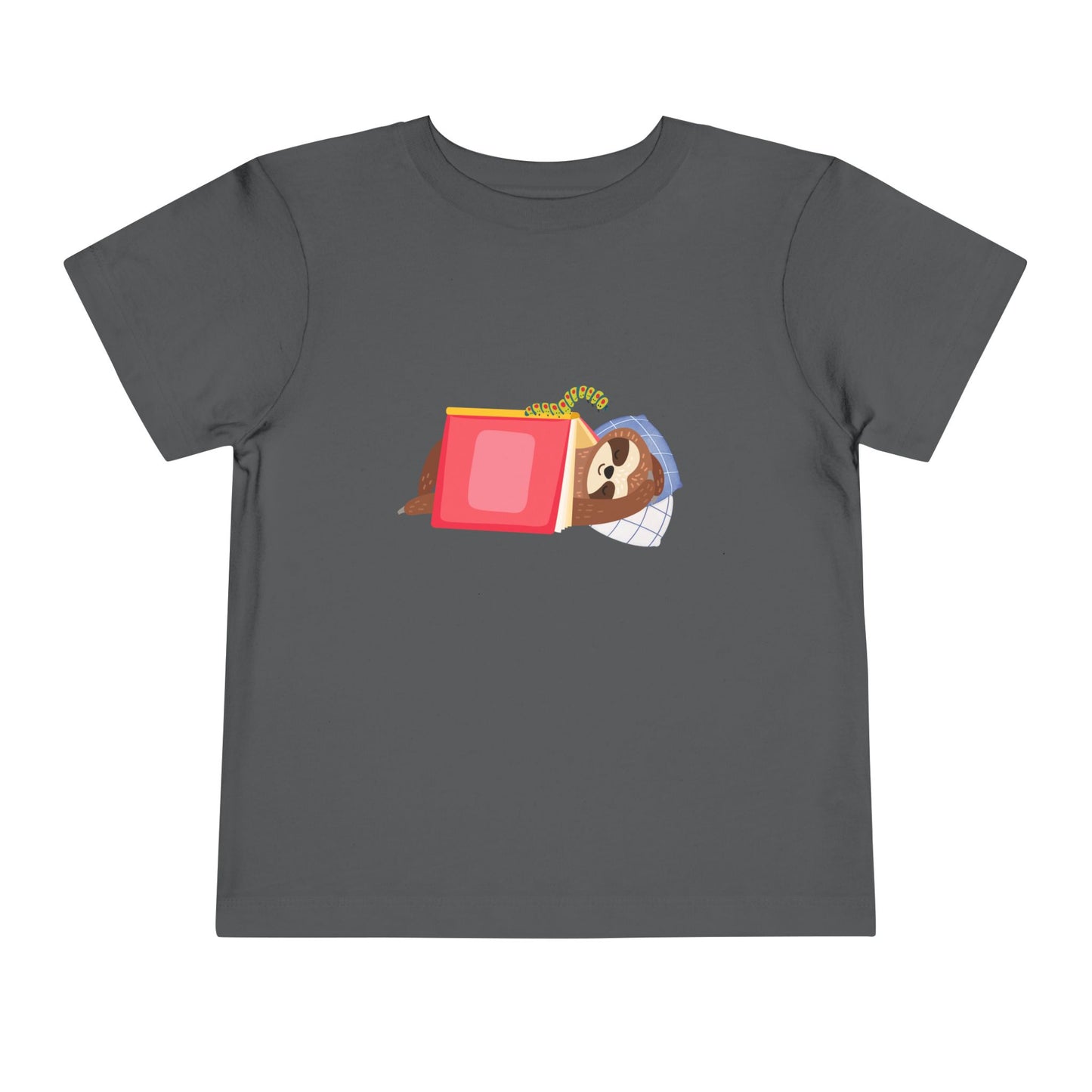 Gray toddler t-shirt featuring a book work looking at a sleeping sloth under a book