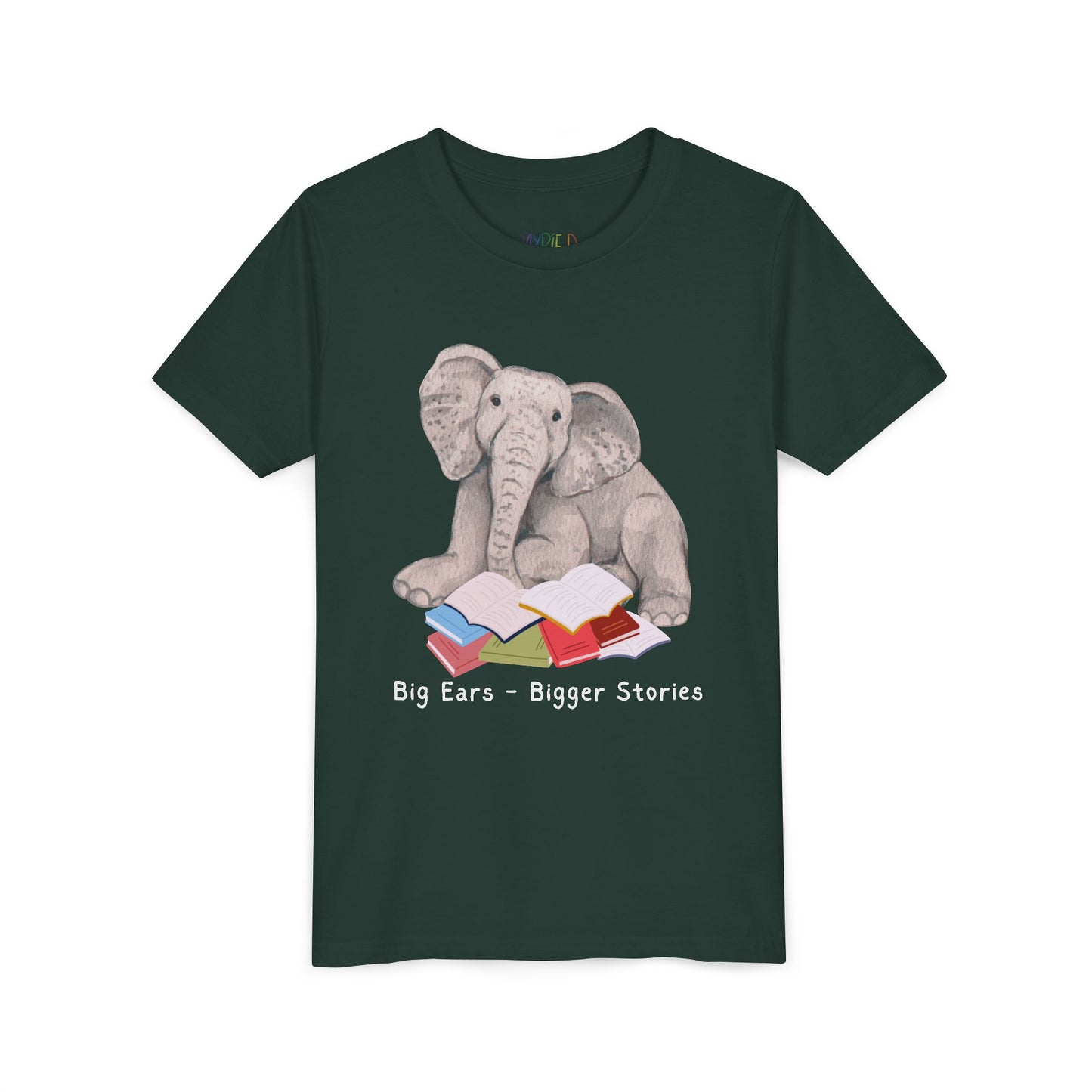 Youth Big Ears – Bigger Stories Tee – Elephant Reading Shirt for Thoughtful Little Listeners
