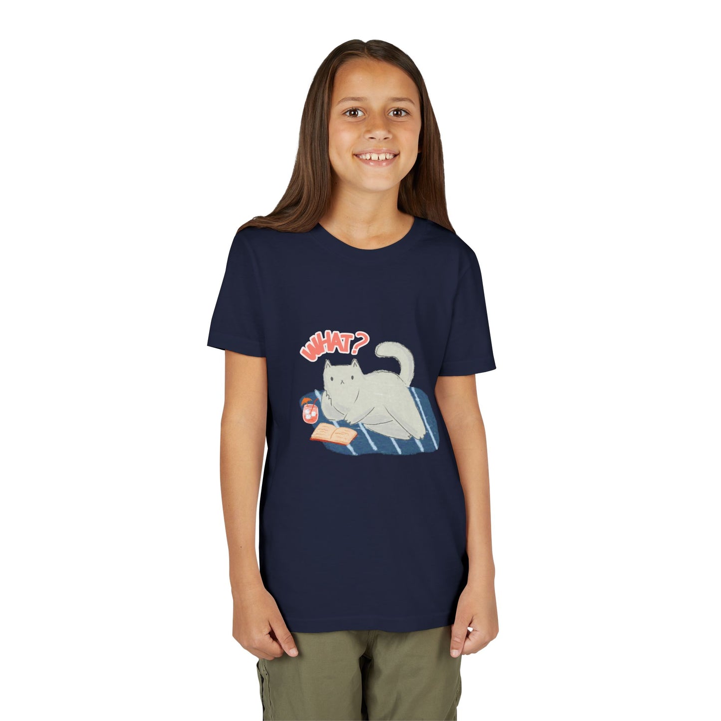 Girl wearing a navy blue t-shirt with a graphic of a cat lounging on a blanket with an open book and a cold beverage, text 'What?'