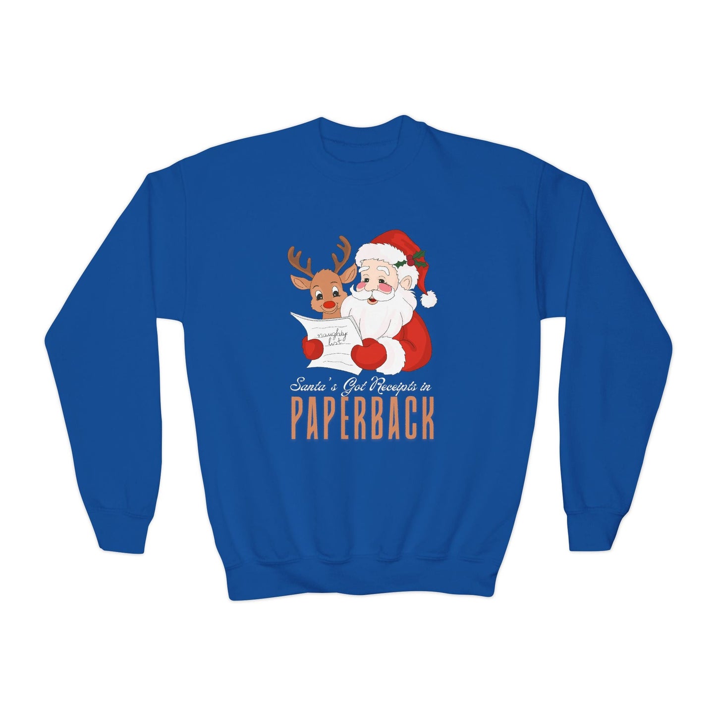 Youth Santaâ€™s Got Receipts in Paperback Sweatshirt â€“ Funny Santa & Reindeer Bookish Design Printify