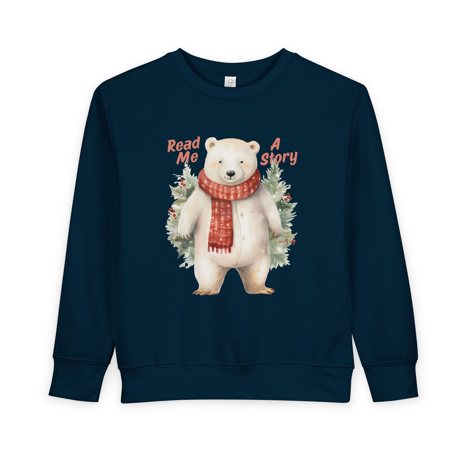Navy blue toddler sweatshirt with a polar bear graphic and text 'Read Me A Story' on a white background