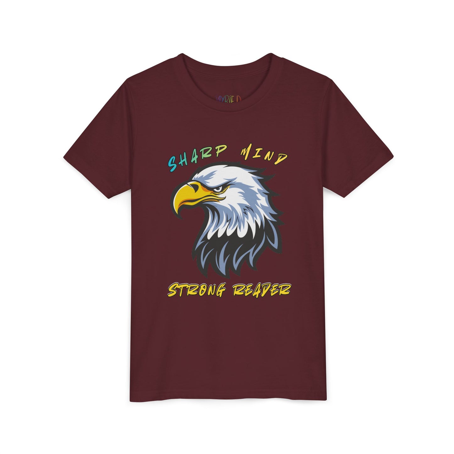 Maroon t-shirt with an eagle graphic and colorful text 'Sharp Mind Strong Reader'
