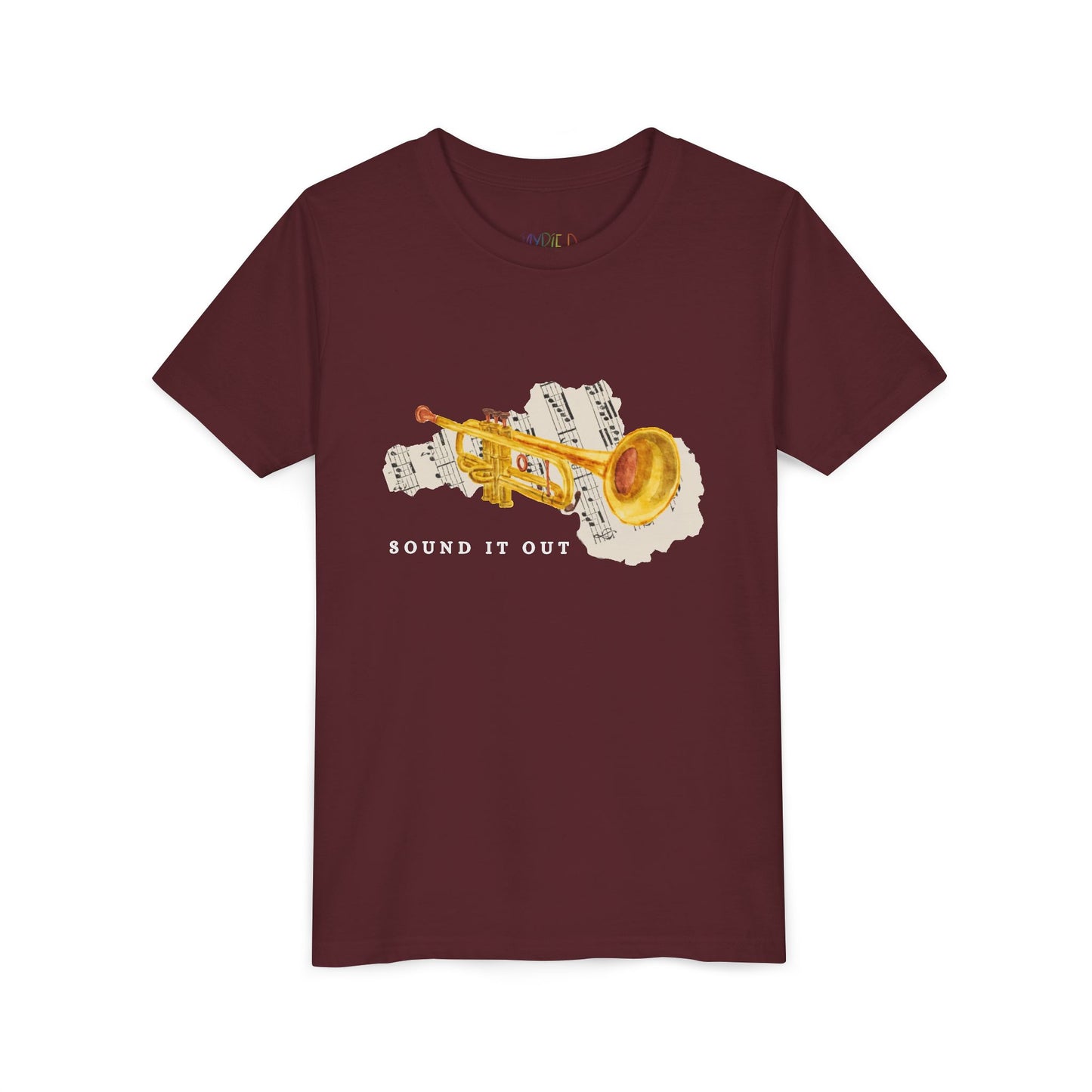Maroon t-shirt with a gold trumpet, torn music sheet and 'SOUND IT OUT' text